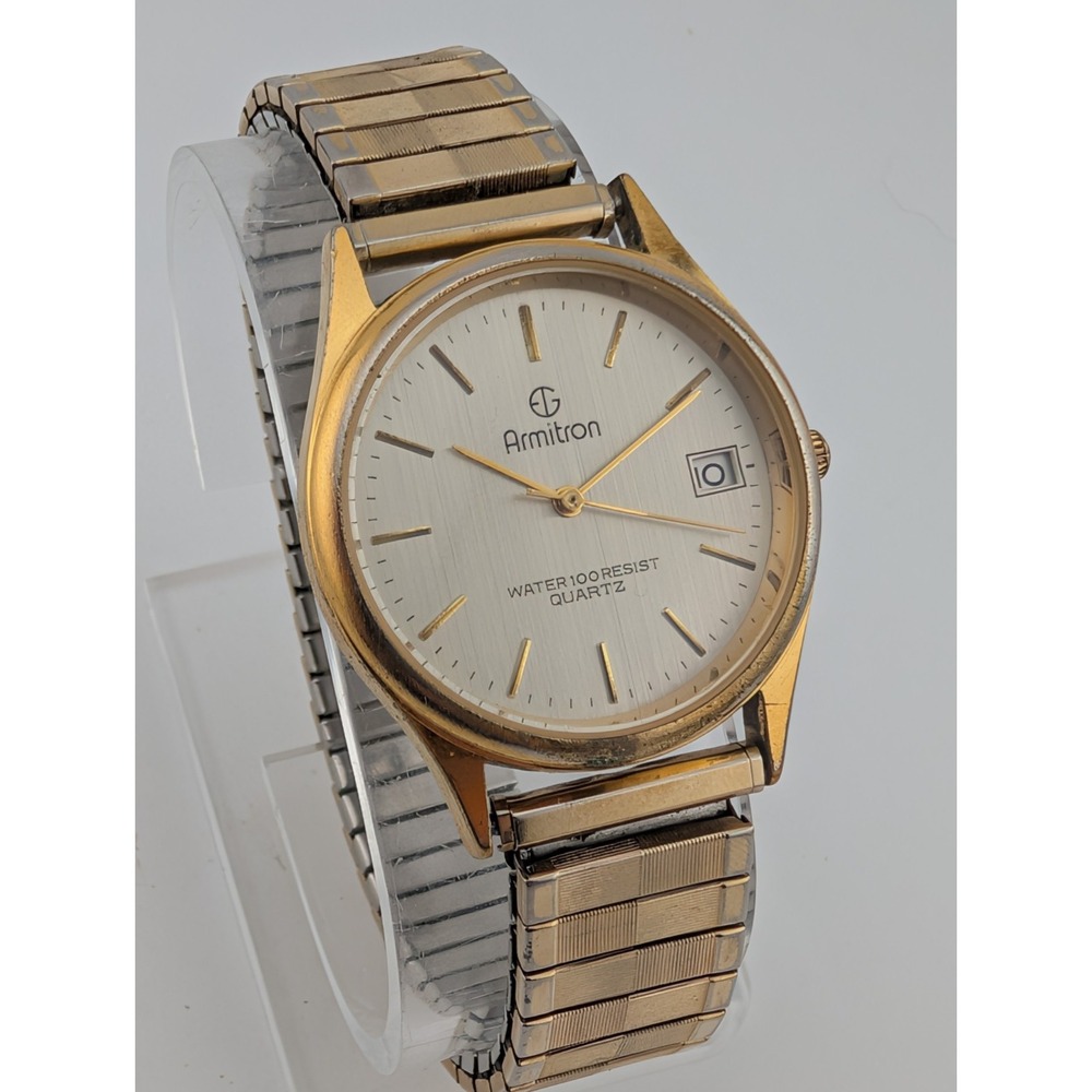 Vintage Armitron Men's Watch 33mm Case Gold Stretch Band 20/2110- New Battery